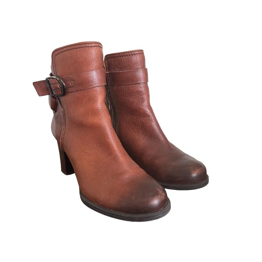 Clarks Brown Leather Ankle Boots Womens 7.5 M Buckle Block Heel Zip Booties